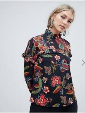 Vero Moda Black Floral Ruffle Neck Blouse